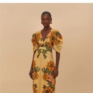 FARM Rio Crème delicate flower arabesque Euroflax ™ premium Linen Midi Dress